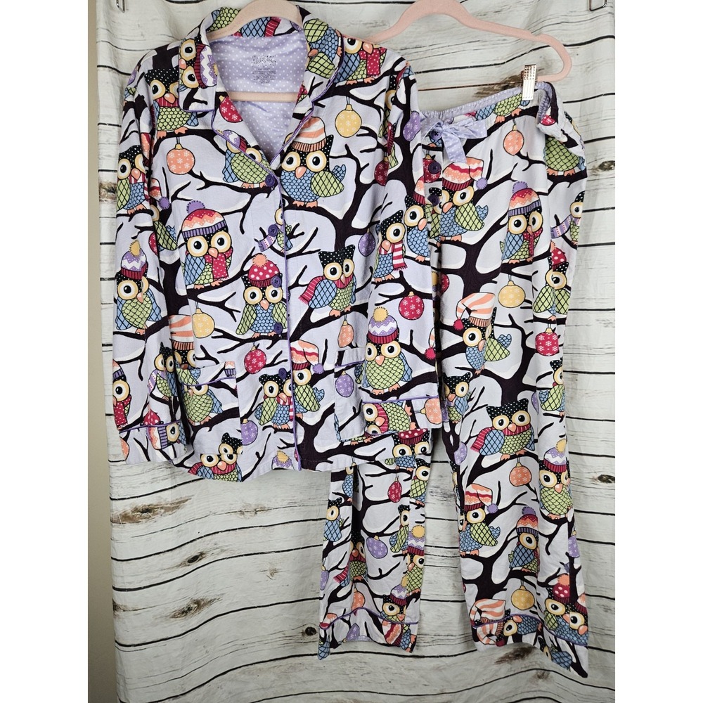 Nick & Nora Owl Print Flannel Pajamas Set XL Top Pants Womens 2 Pc Purple Winter